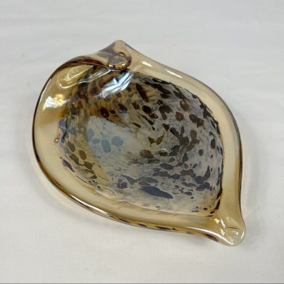 Murano Style Gold Yellow Speckled Art Glass Hand Blown Curved Leaf Shaped Dish - Picture 1 of 10